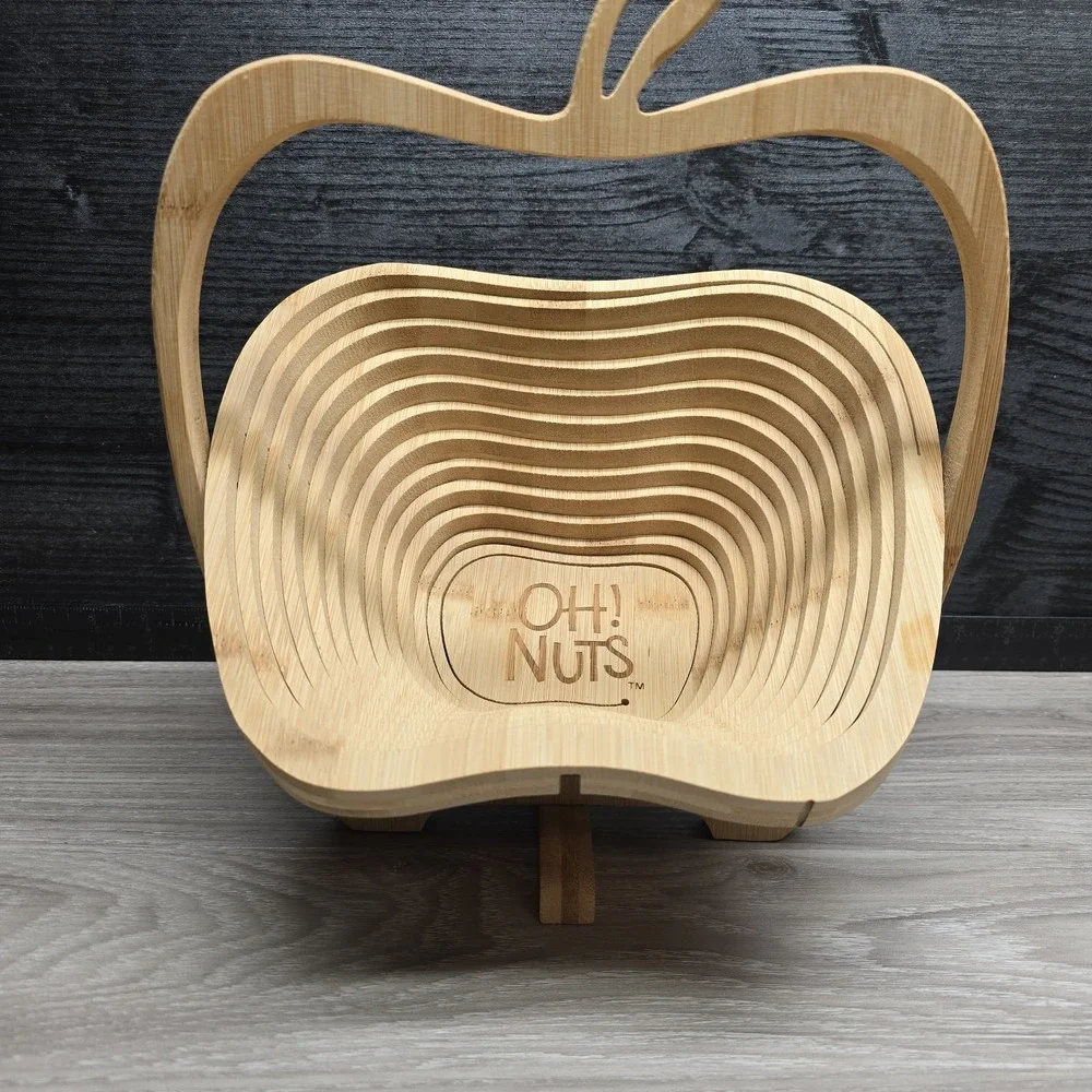 OH! NUTS Apple Shaped Collapsible Wooden Fruit Nut Bowl Trivet